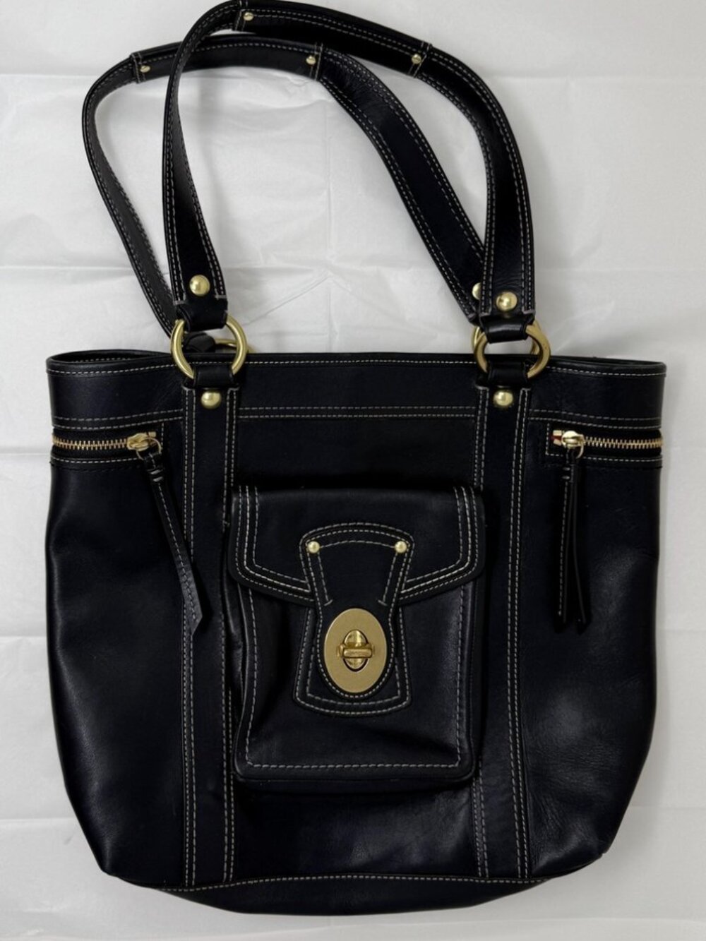 Vintage Coach F12888 thick Black Leather Tote Turnlock Bag Thick Leather Shoulde